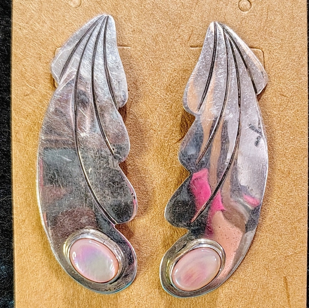 Silver Wing Earrings with Pink Mother Pearl